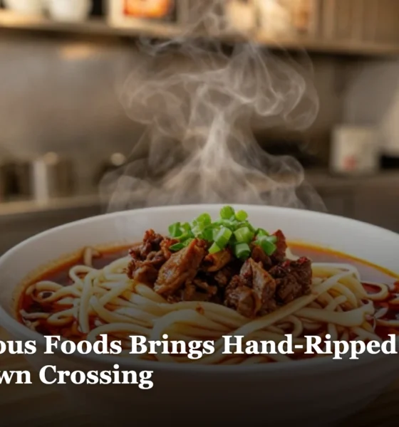 A steaming bowl of hand-pulled noodles with chili oil and cumin lamb in a modern noodle shop
