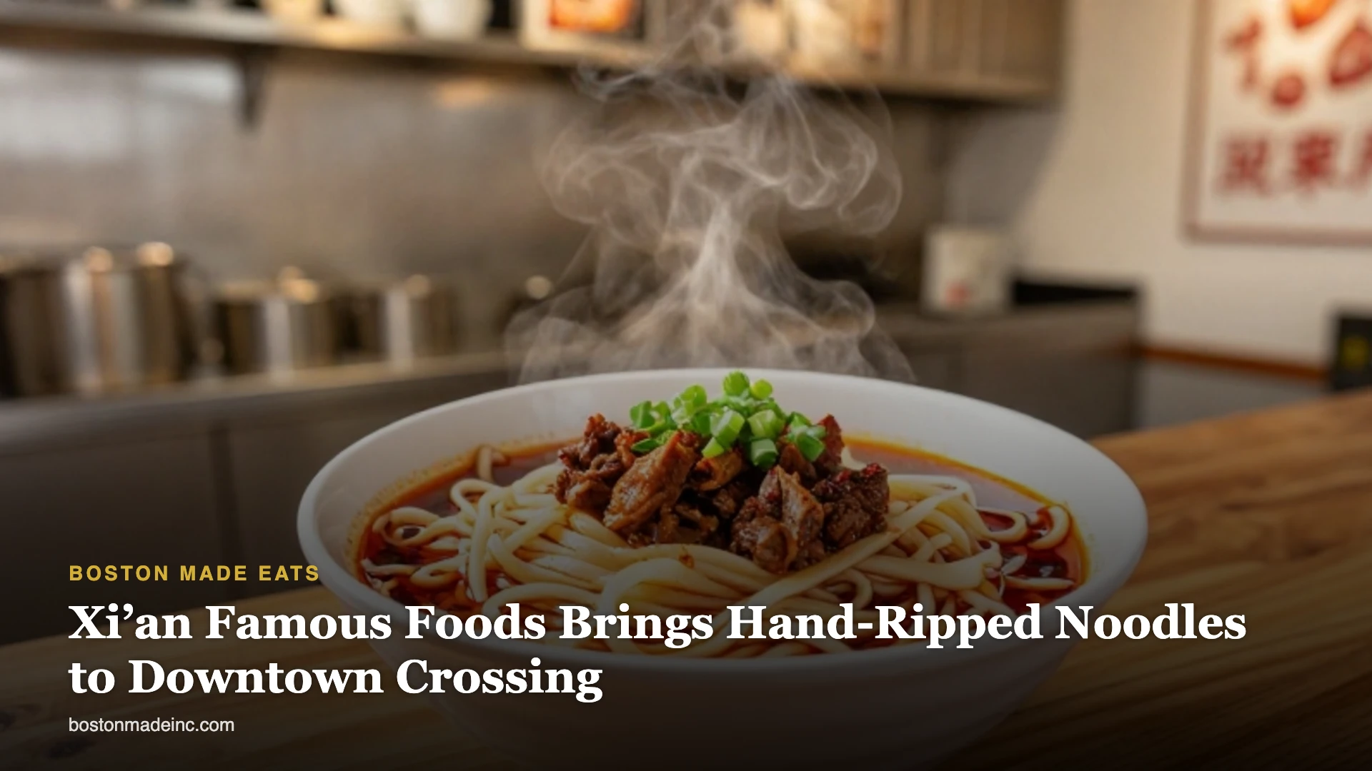 A steaming bowl of hand-pulled noodles with chili oil and cumin lamb in a modern noodle shop
